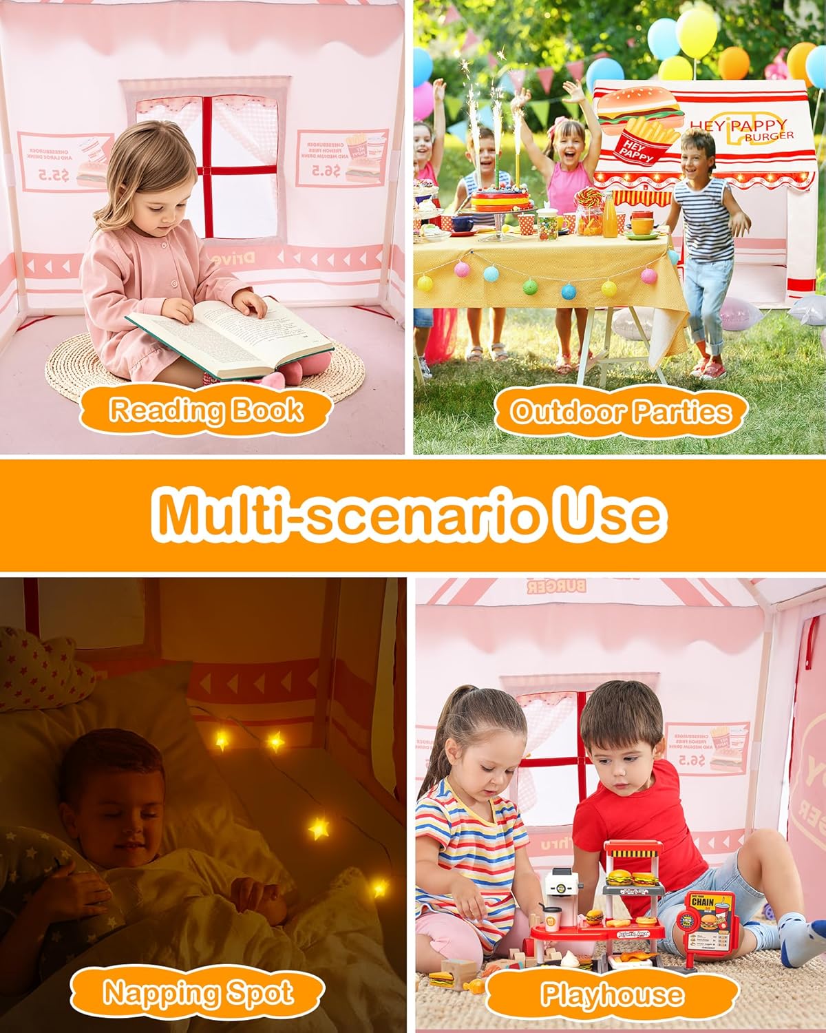 Burger-Themed Toddler Playhouse Tent with Complete Toy Set, Window, Lights, and Balloons