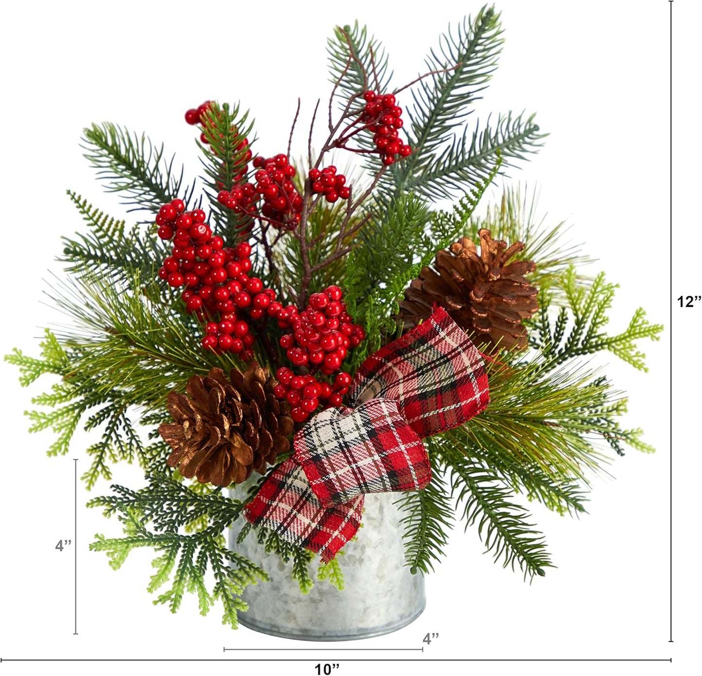 12in Holiday Table Arrangement with Pinecones, Berries, and Plaid Bow