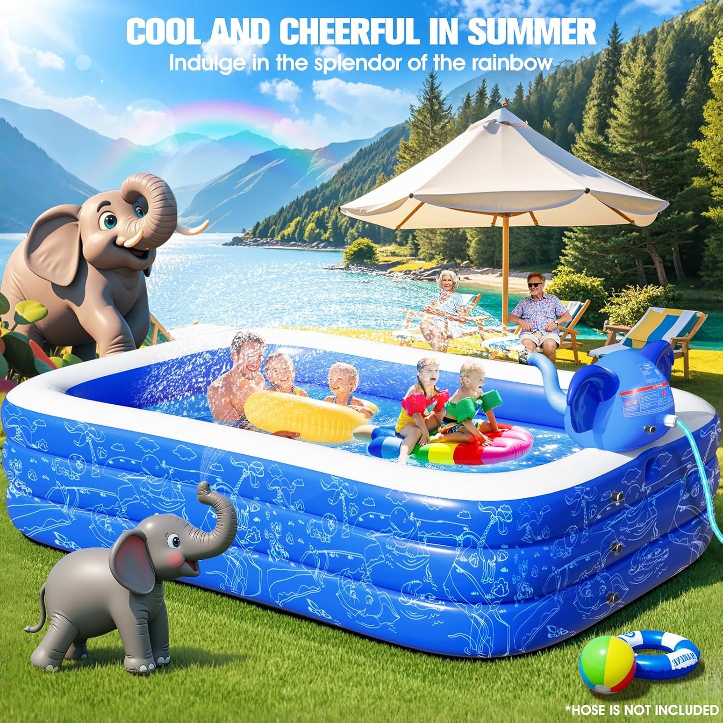 Upgraded Elephant Family Inflatable Swimming Pool with Sprinkler