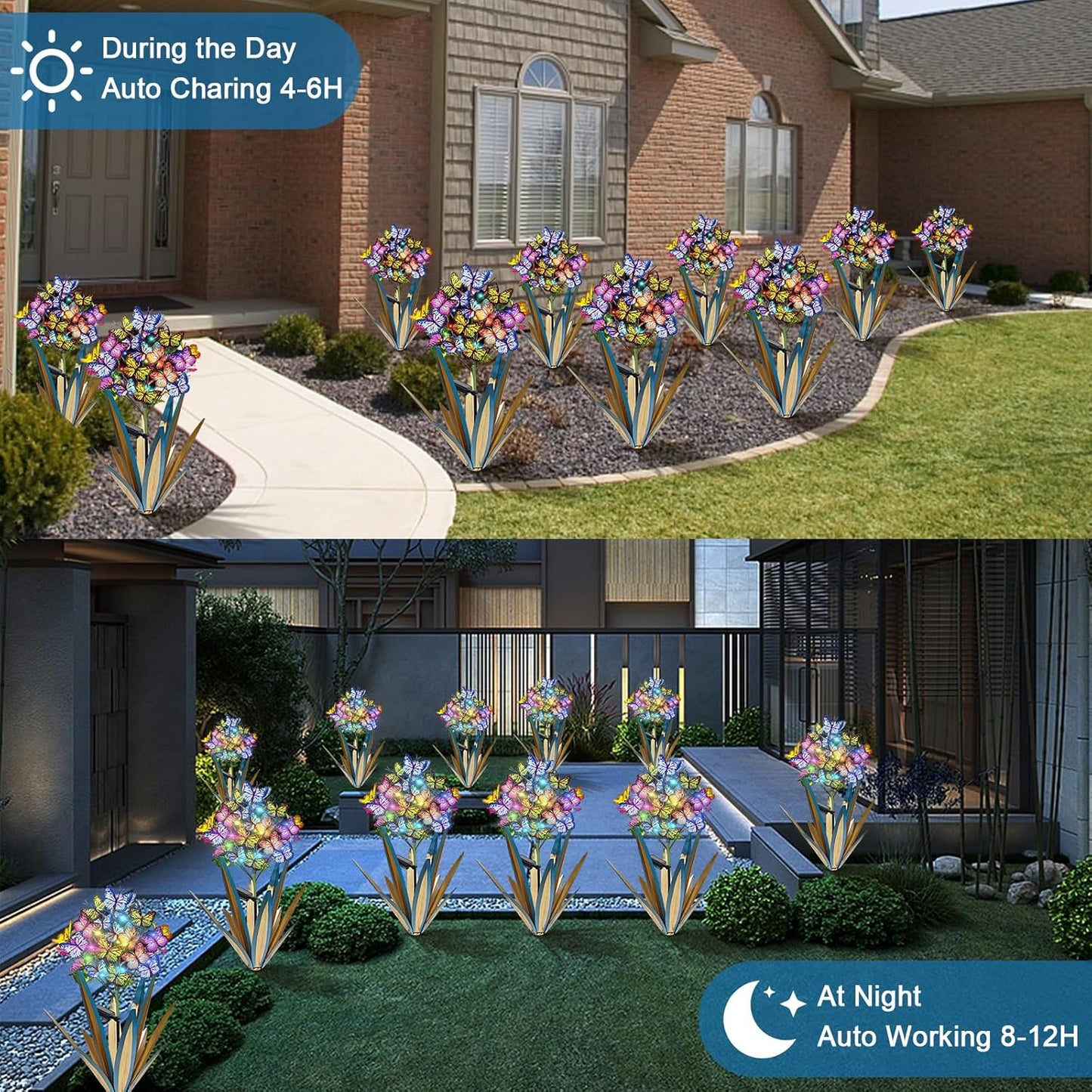 Solar Metal Agave Garden Stakes (3 PCS Blue) – Butterfly & Sunflower Outdoor Decor with Swaying Solar Lights for Yard, Patio & Lawn