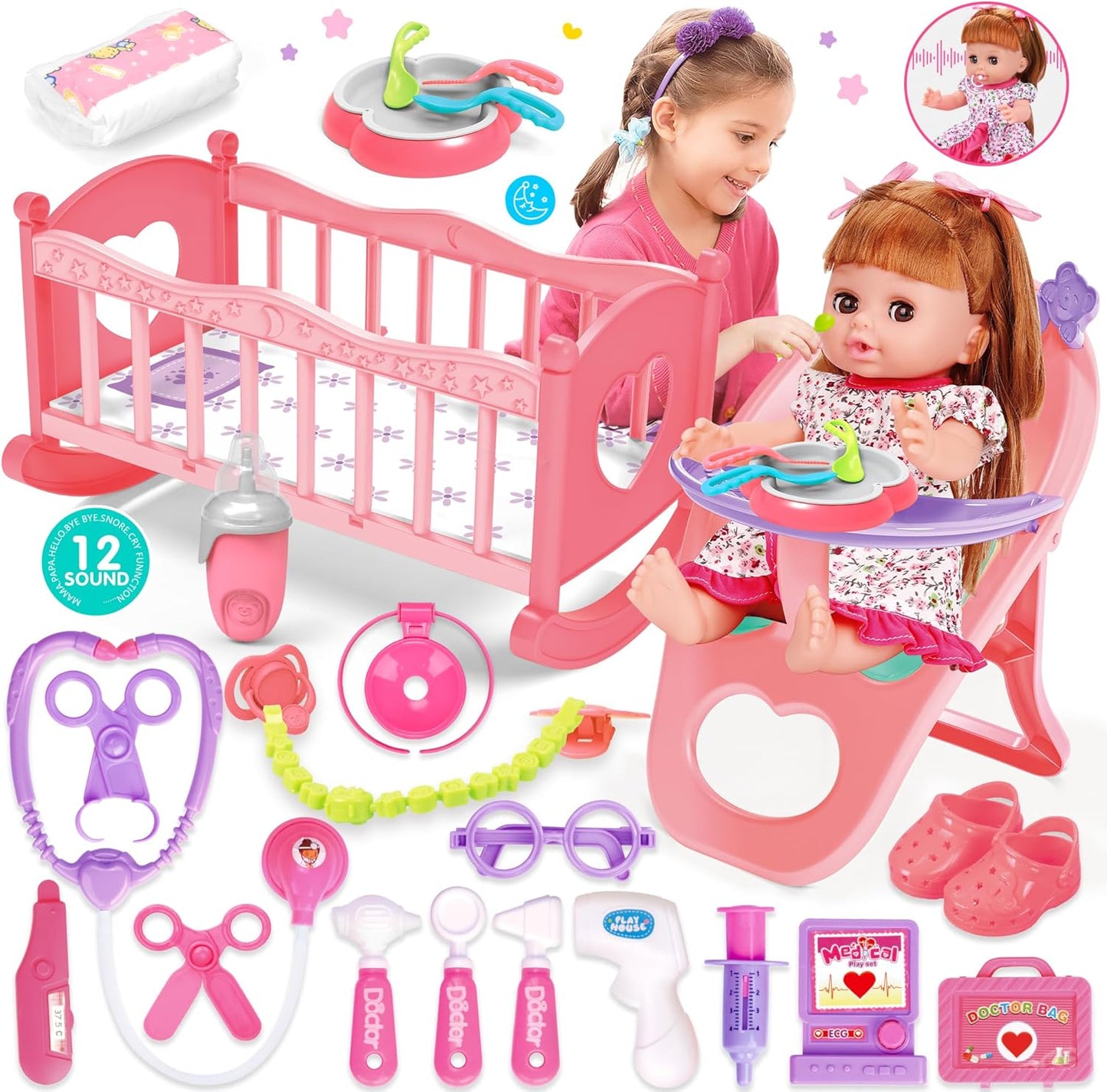 25 Pieces Baby Doll and Doctor Toys Set, 14" Doll Gift for Age 3 4 5 6+ Years Old Girls