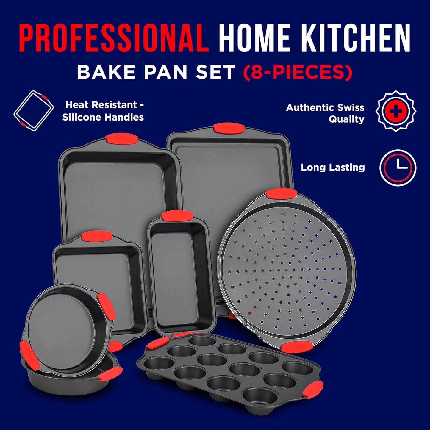 8-Piece Non-Stick Baking Set, Deluxe Non-Stick Black Coating Inside and Outside