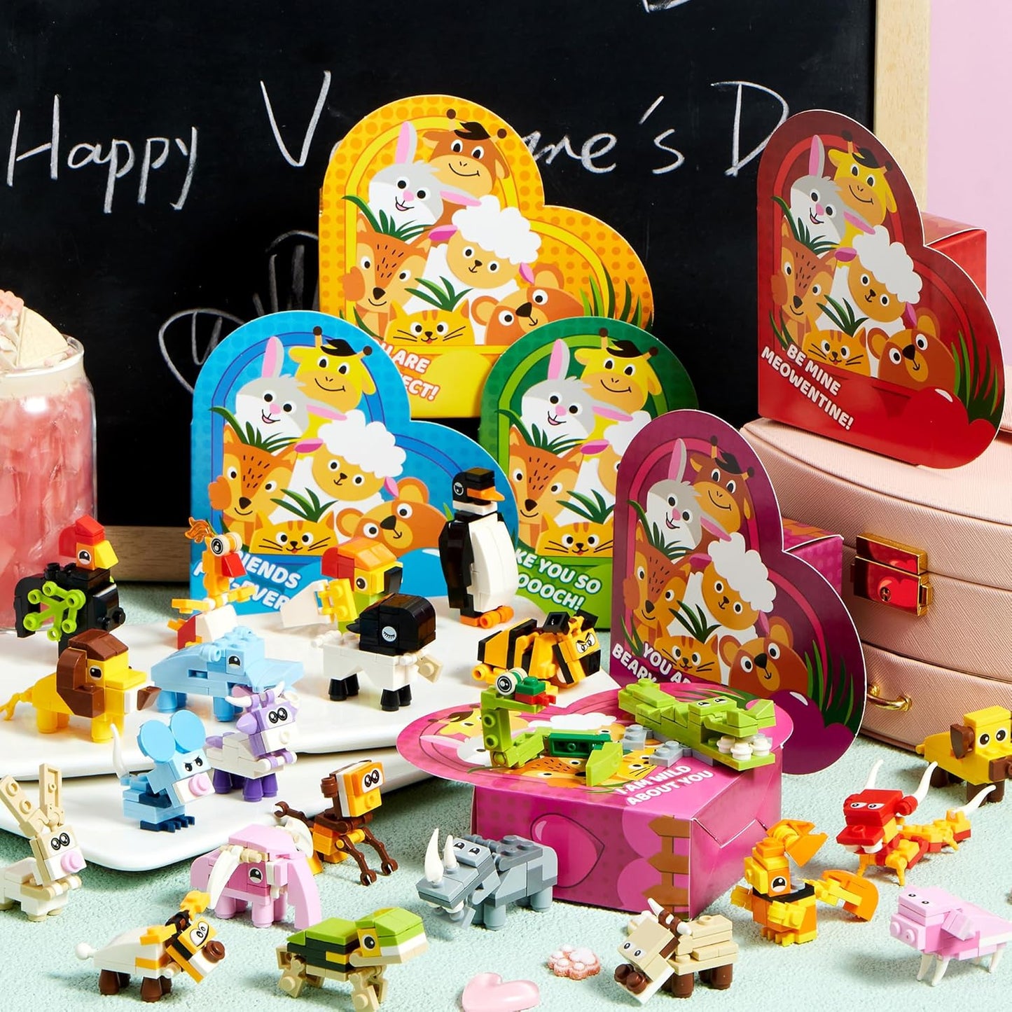 24 Packs Valentines Animal Building Blocks with Hearts Party Favors for Kids