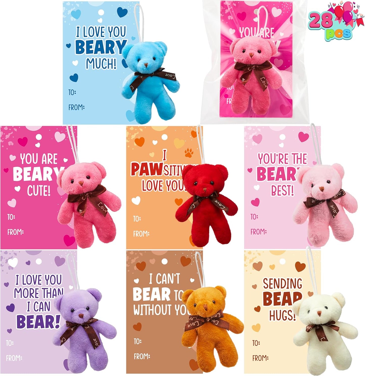 28 Packs Valentine's Day Gift Cards with Mini Bears Plush Toy Party Favors