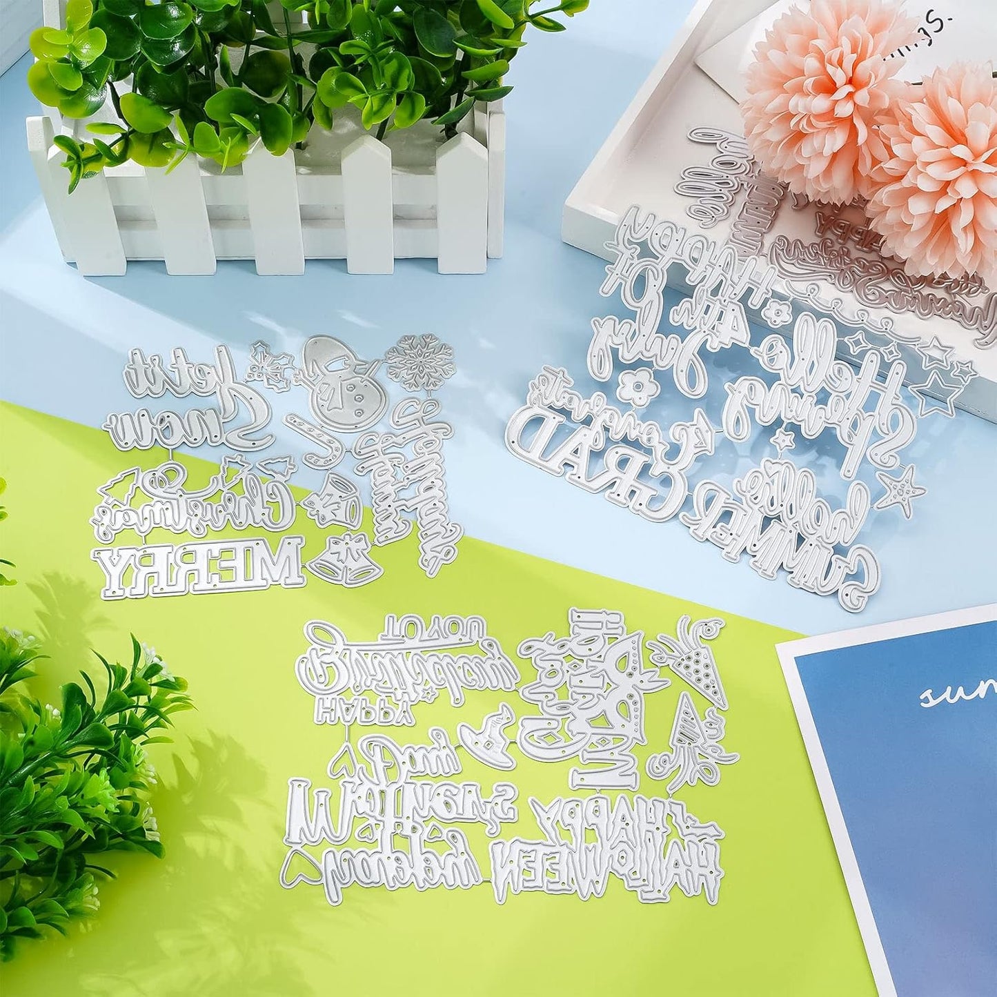 18-Piece Celebration Die Cut Set: Summer and Autumn Greetings Words, Embossing Templates & Stencils