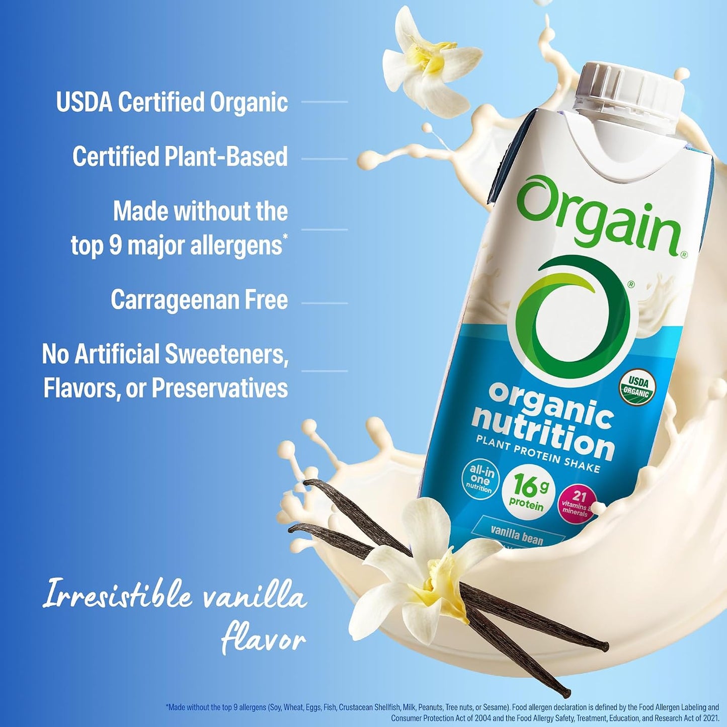 Orgain Organic Vegan Protein Shake – Vanilla Bean, 16g Plant Protein – 11 fl oz (Pack of 12)