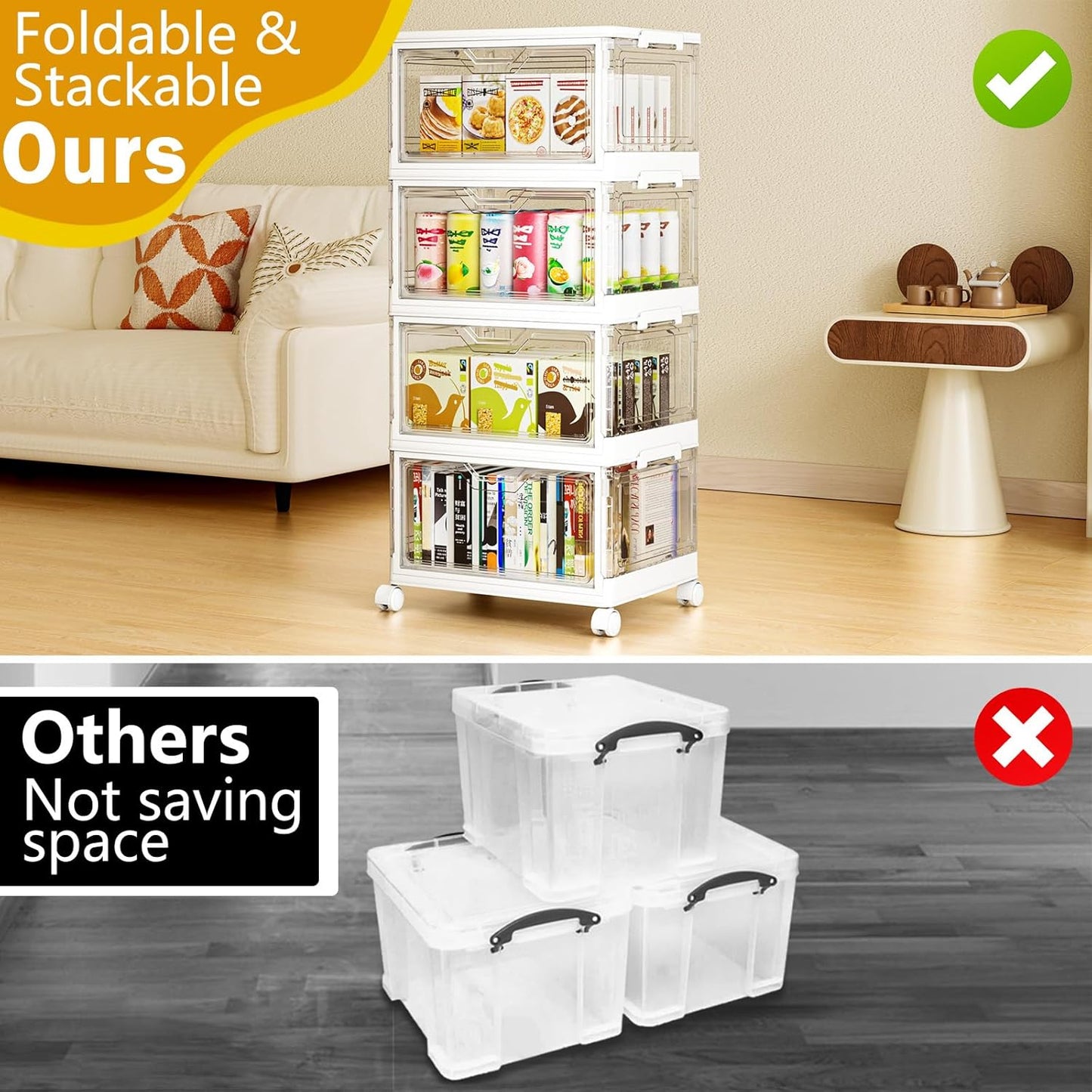 24 QT Portable Clear Storage Bins with Lid & Wheels - Stackable 4-Tier Organizer with Magnetic Doors for Home & Office