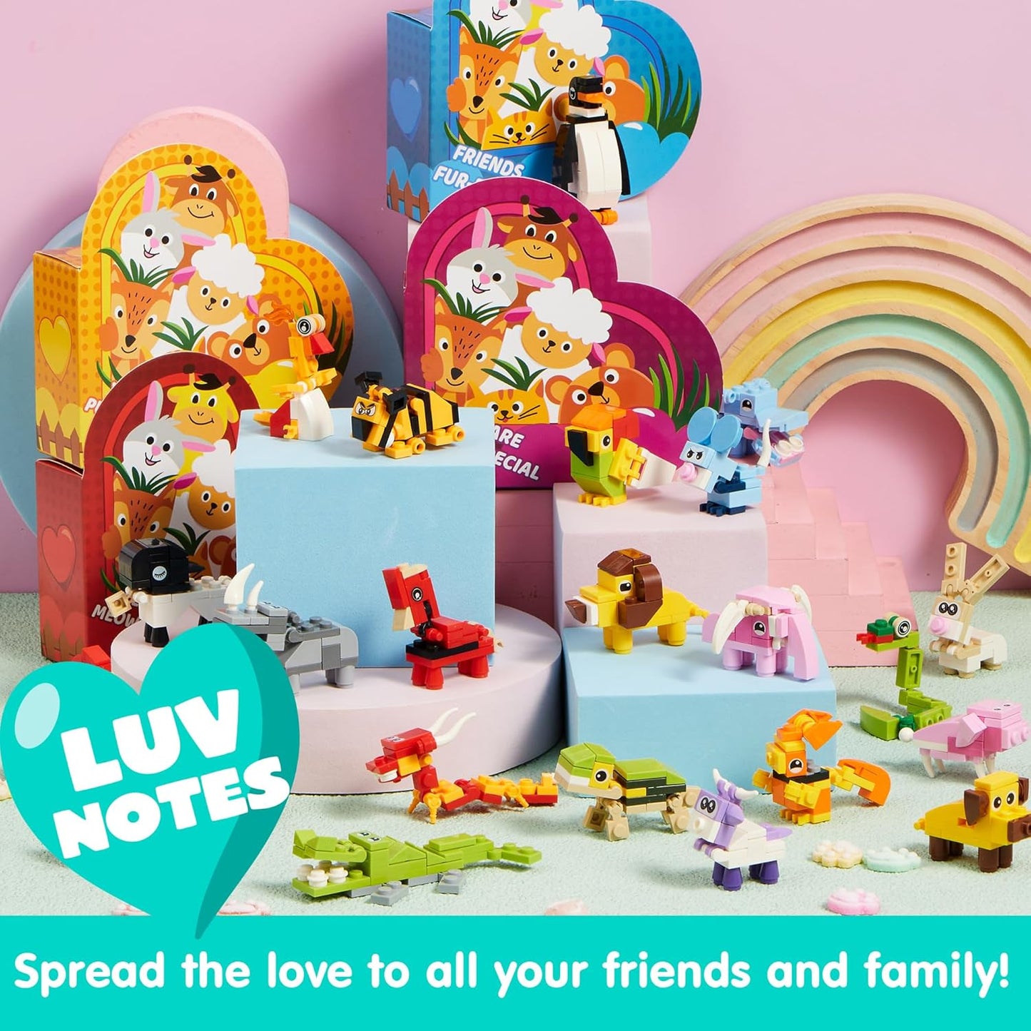 24 Packs Valentines Animal Building Blocks with Hearts Party Favors for Kids