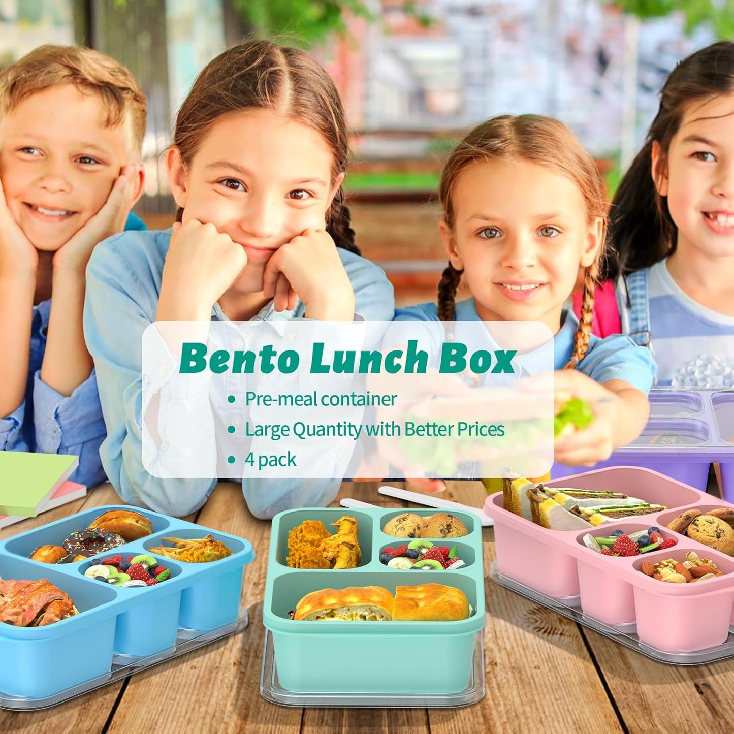 4-Pack Bento Lunch Box Set - Microwave & Dishwasher Safe