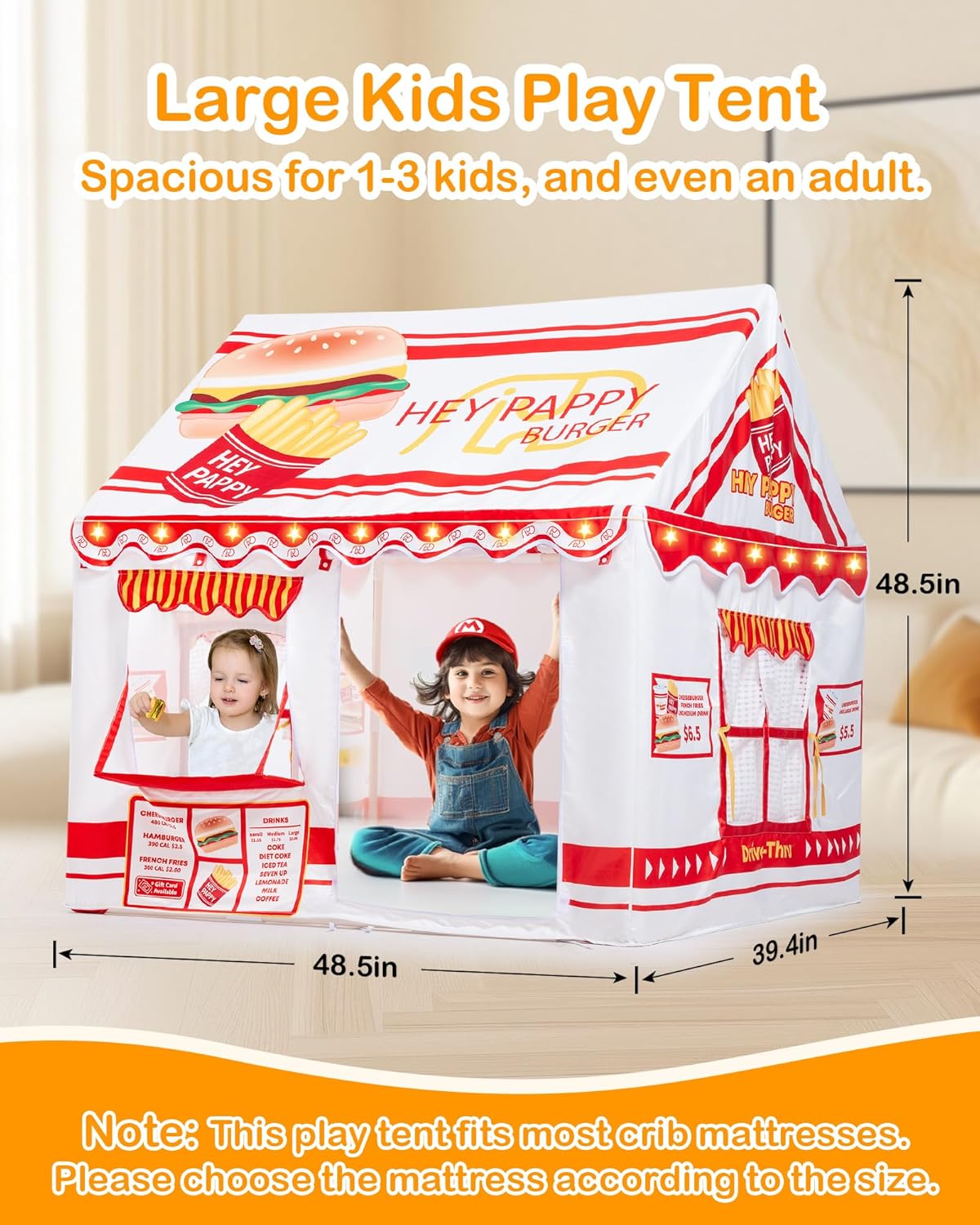 Burger-Themed Toddler Playhouse Tent with Complete Toy Set, Window, Lights, and Balloons