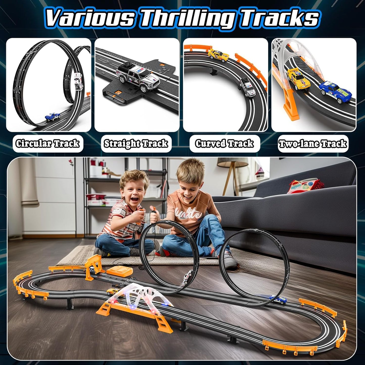 Slot Car Race Track Sets for Boys with 2 High-Speed Slot Cars, Battery or Electric Car Track