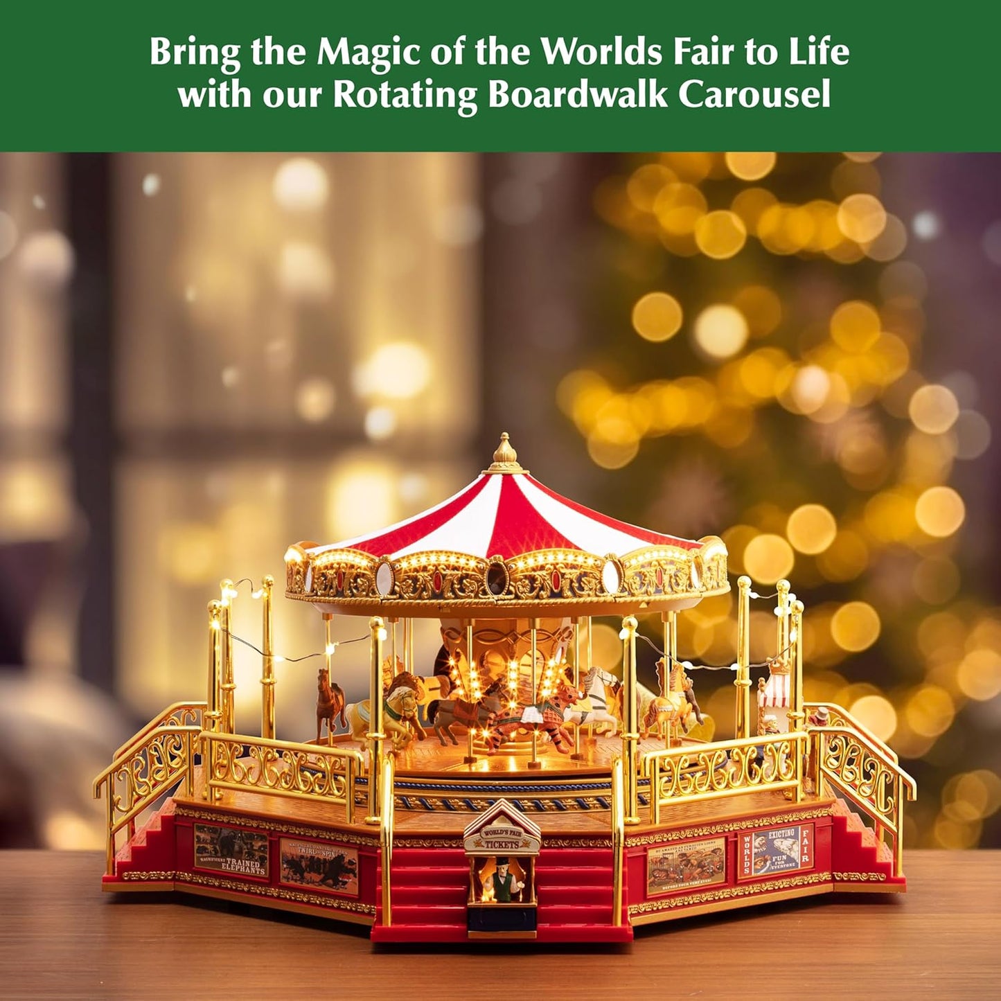 Red Gold Label Animated Carousel - 8-Inch Musical Christmas Decoration with LED Lights and 50 Songs