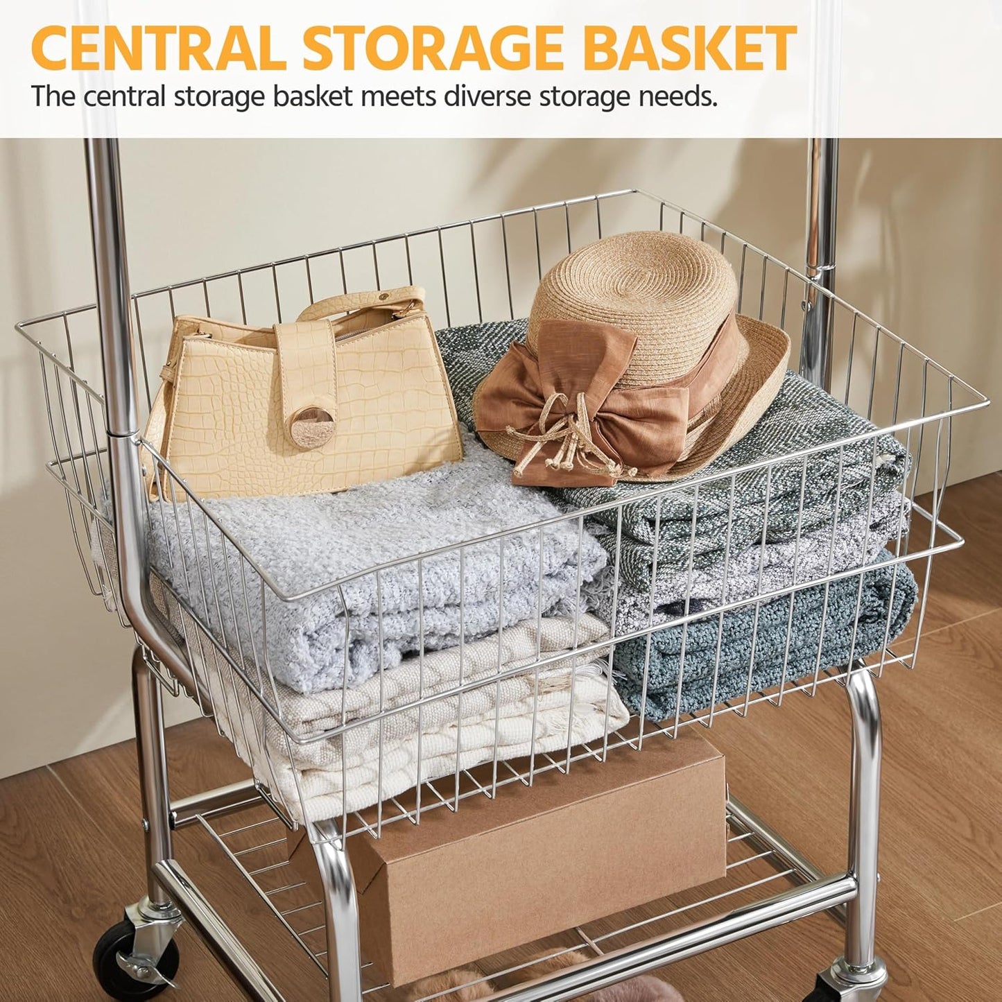 Rolling Laundry Cart with Hanging Rack – Chrome-Plated Organizer