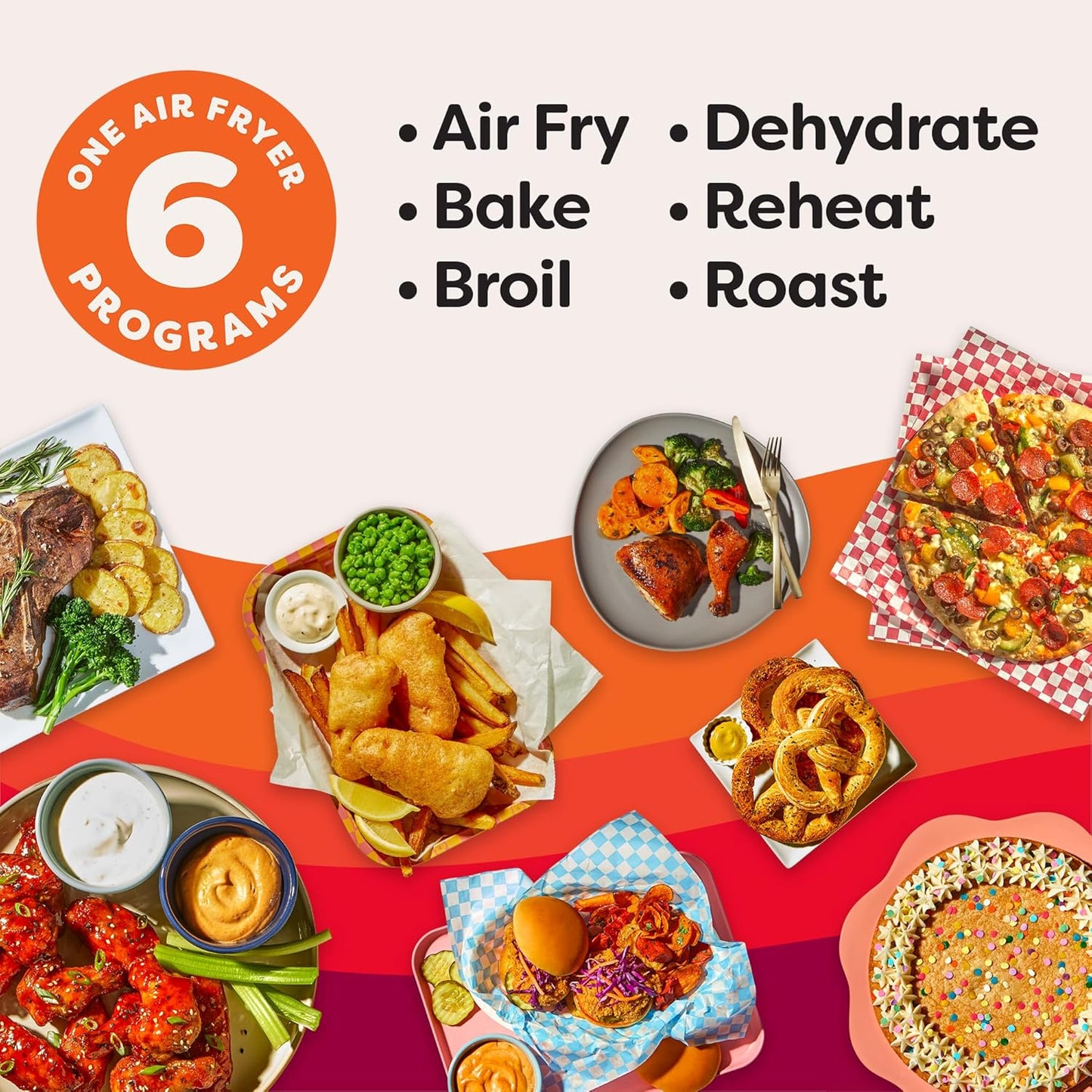 Air Fryer, 6-in-1 Functions Crisps, Custom Program Options, Stainless Steel