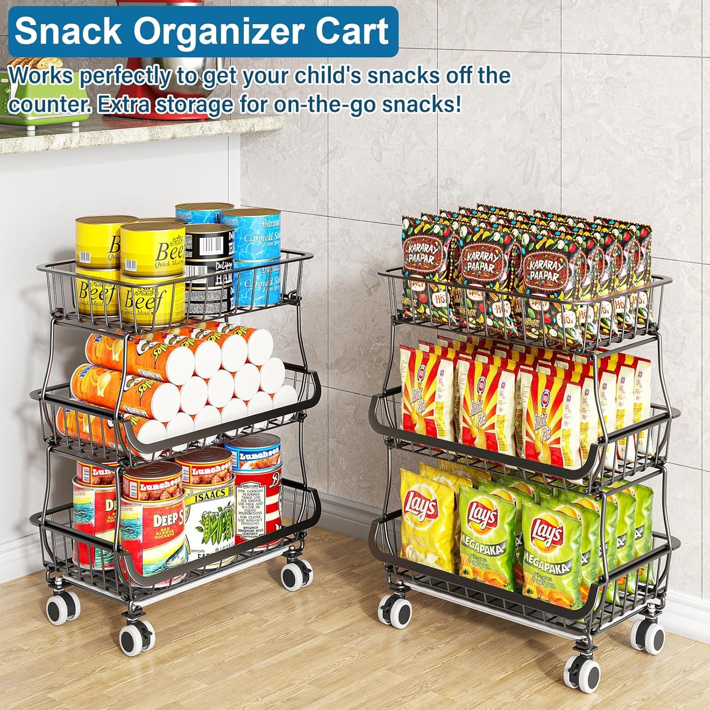 3-Tier Rolling Pantry Organizer Cart – Stackable Wire Baskets for Kitchen, Fruit & Snack Storage with Wheels
