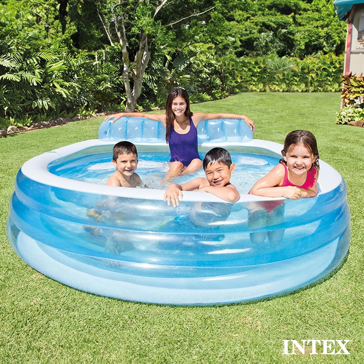 Inflatable Above-Ground Family Lounge Pool: Built-in Bench and Cup Holder