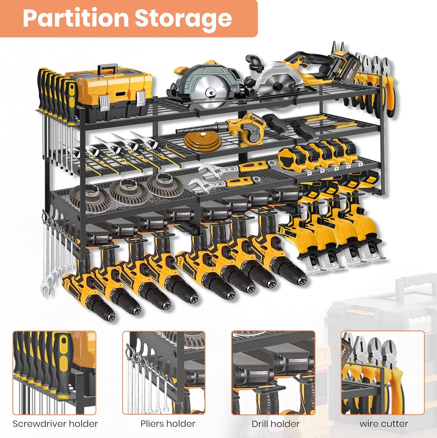49" Power Tool Organizer Wall Mount – 4-Tier Garage Storage Rack, Holds up to 600 lbs – Tool Organizer for Garage