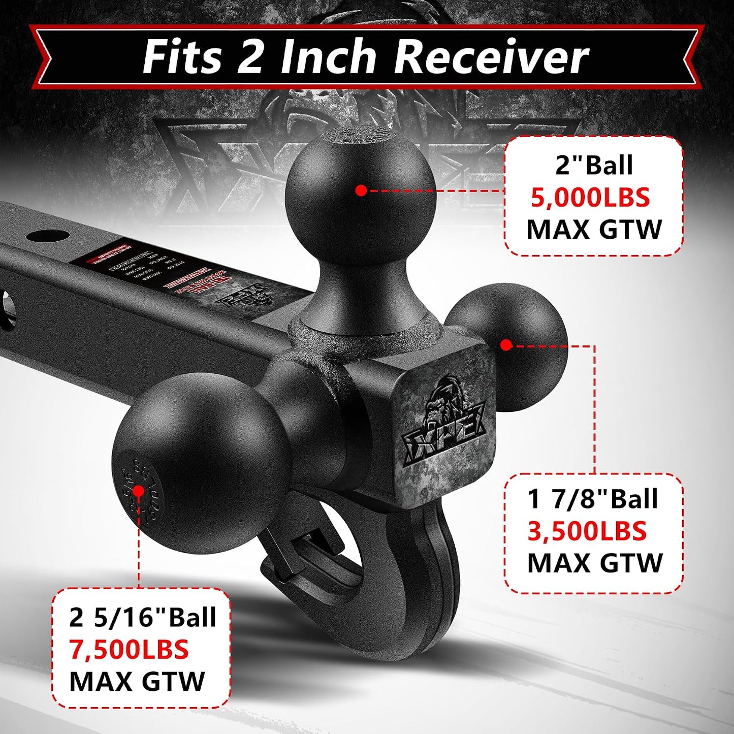 3-in-1 Tri Ball Trailer Hitch Mount – Matte Black Tow Hitch with Tow Hook & Interchangeable 1-7/8", 2" & 2-5/16" Hitch Balls for 2" Receivers