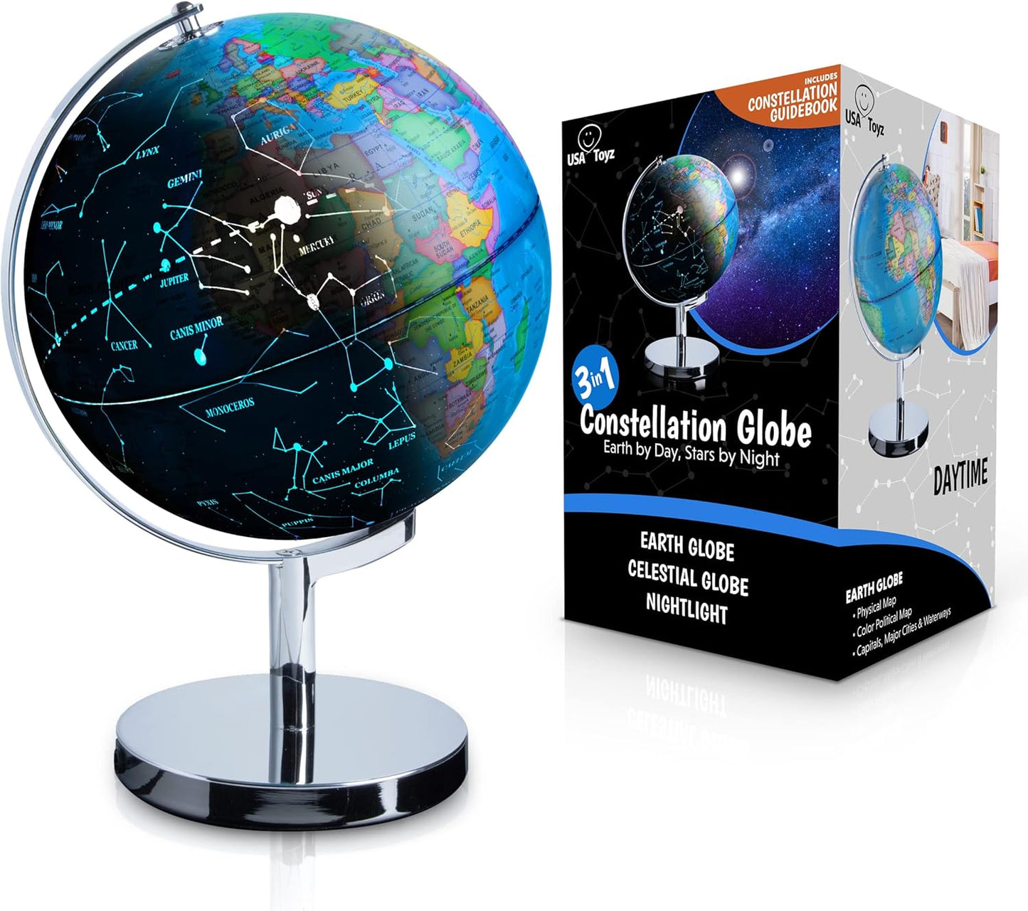 3in1 Illuminated STEM Globes for Adults and Kids with Stand, Built-in LED Night Light