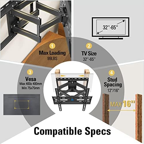 Full Motion TV Wall Mount for 32–65” TVs – Swivel, Tilt, Dual Arms, Fits 16” Studs, Max VESA 400x400, Holds up to 99lbs