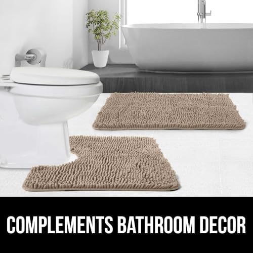 Plush Chenille Toilet Contour Rug – Soft, Absorbent, Rubber Backed, Machine Washable, 22.5x19.5, Beige