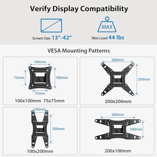Full Motion Wall Mount for 13–42” TVs & Monitors – Swivel, Tilt, Extend, Rotate – Fits Echo Show 15/21, Max VESA 200x200, Holds up to 44lbs