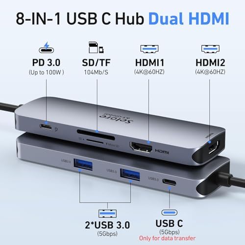 USB-C Docking Station with Dual HDMI, PD Charging, SD/TF, USB A&C 3.0 Ports – Compatible with Laptops like Dell XPS, HP, Lenovo, Surface, Yoga, and More
