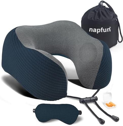 Memory Foam Travel Neck Pillow – Comfortable Headrest for Flights, Portable, Deep Blue, Medium (120-200LB)
