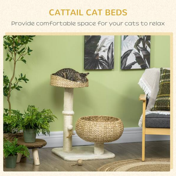 Cat Tree Activity Center with Cattail Beds and Scratching Post, Beige