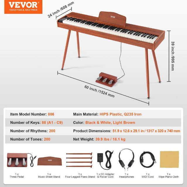 88-Key Weighted Digital Piano: Fully Weighted Keys, Dual Keyboard, Built-in Speakers, and 4-Legged Stand