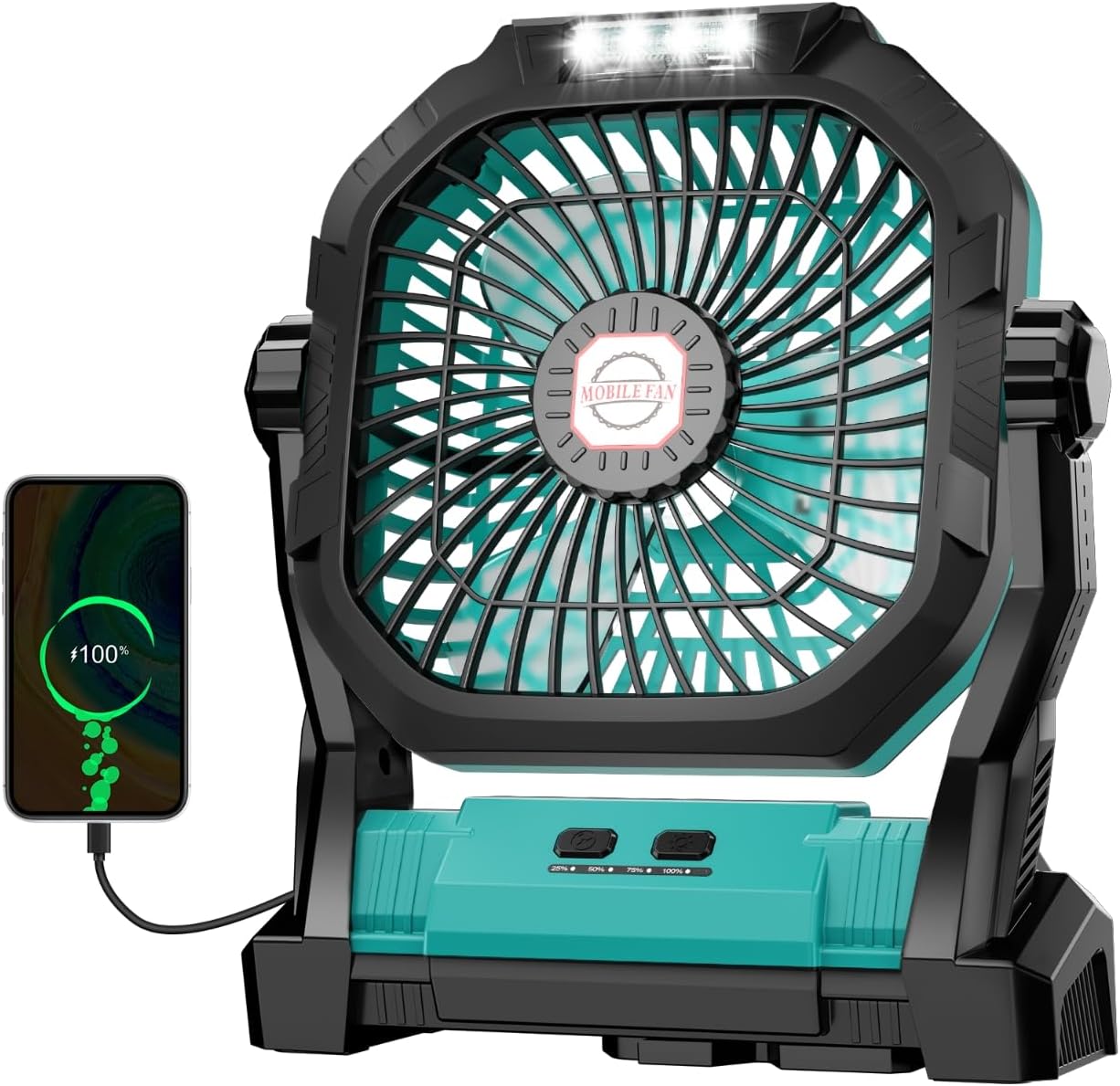 Rechargeable Camping Fan with LED Light & Hook - 20000mAh Battery, 4-Speed, 270° Adjustable