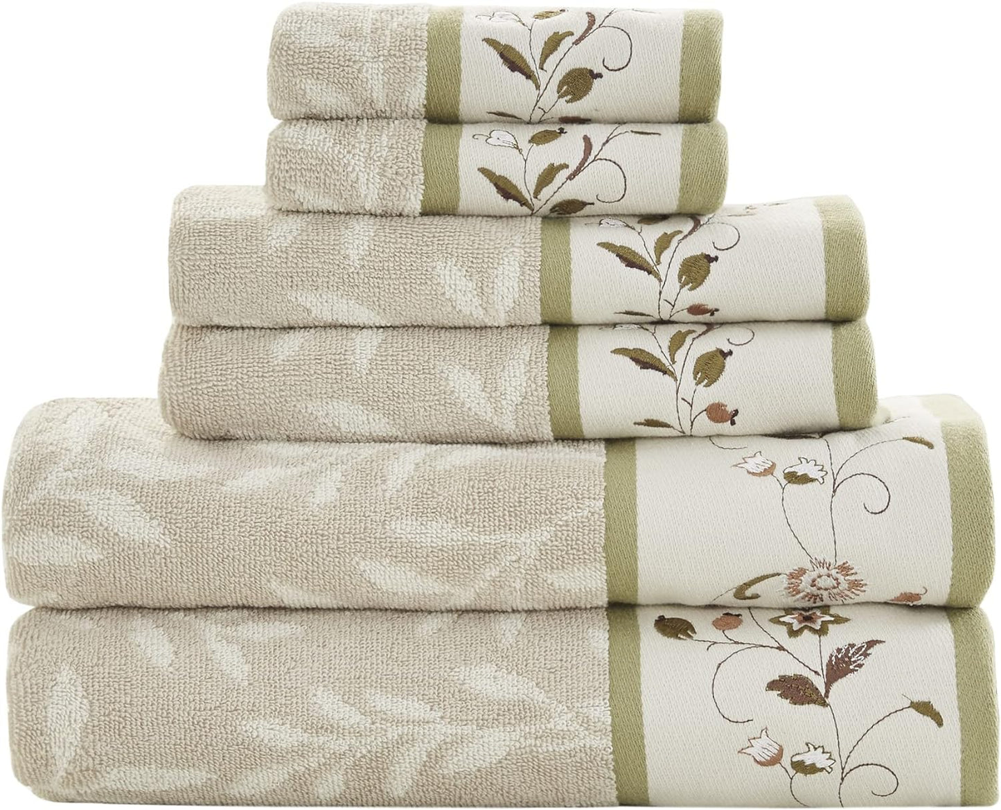 6-Piece Luxurious Floral Cotton Bath Towel Set with Embroidered Jacquard Design