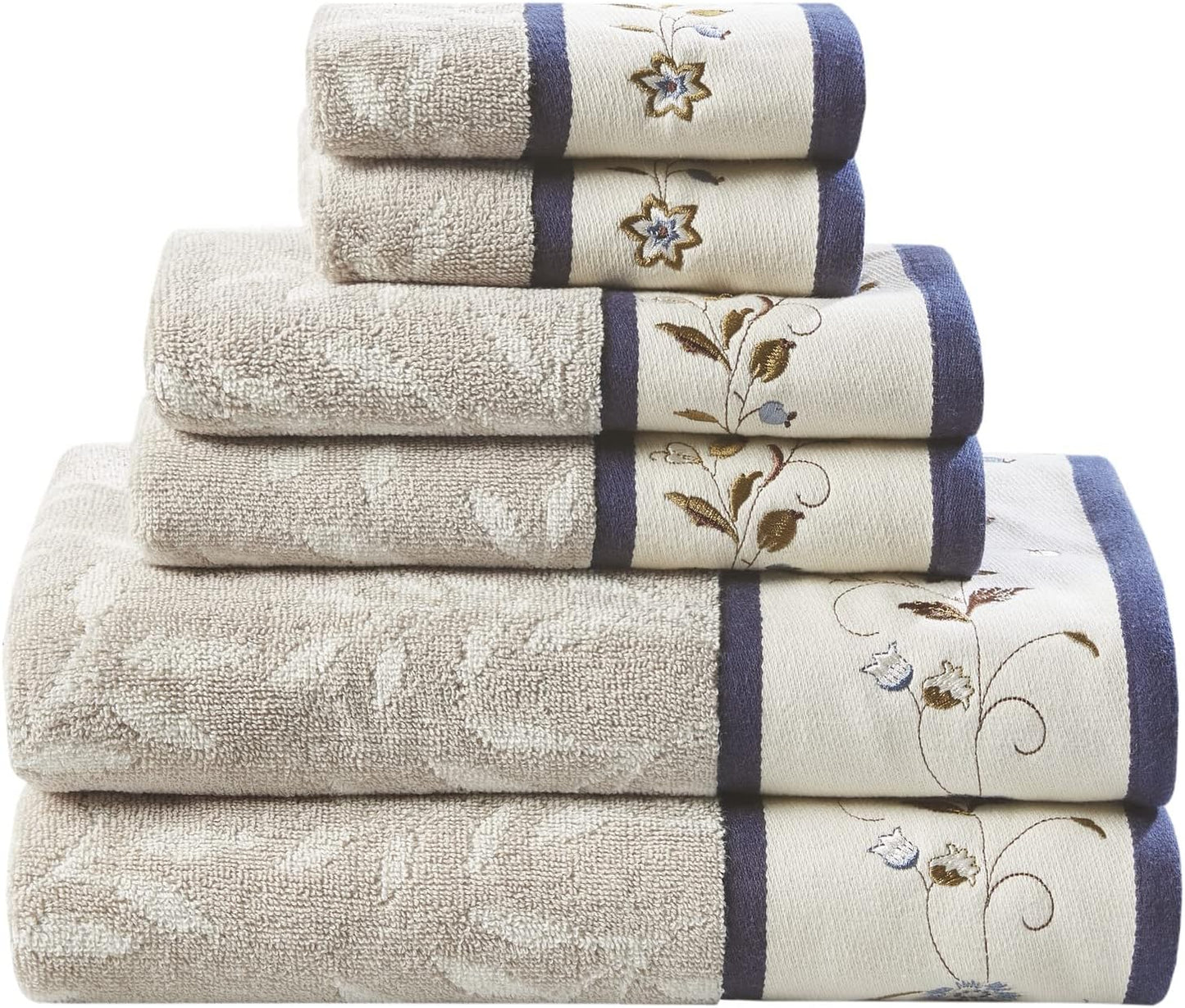 6-Piece Luxurious Floral Cotton Bath Towel Set with Embroidered Jacquard Design
