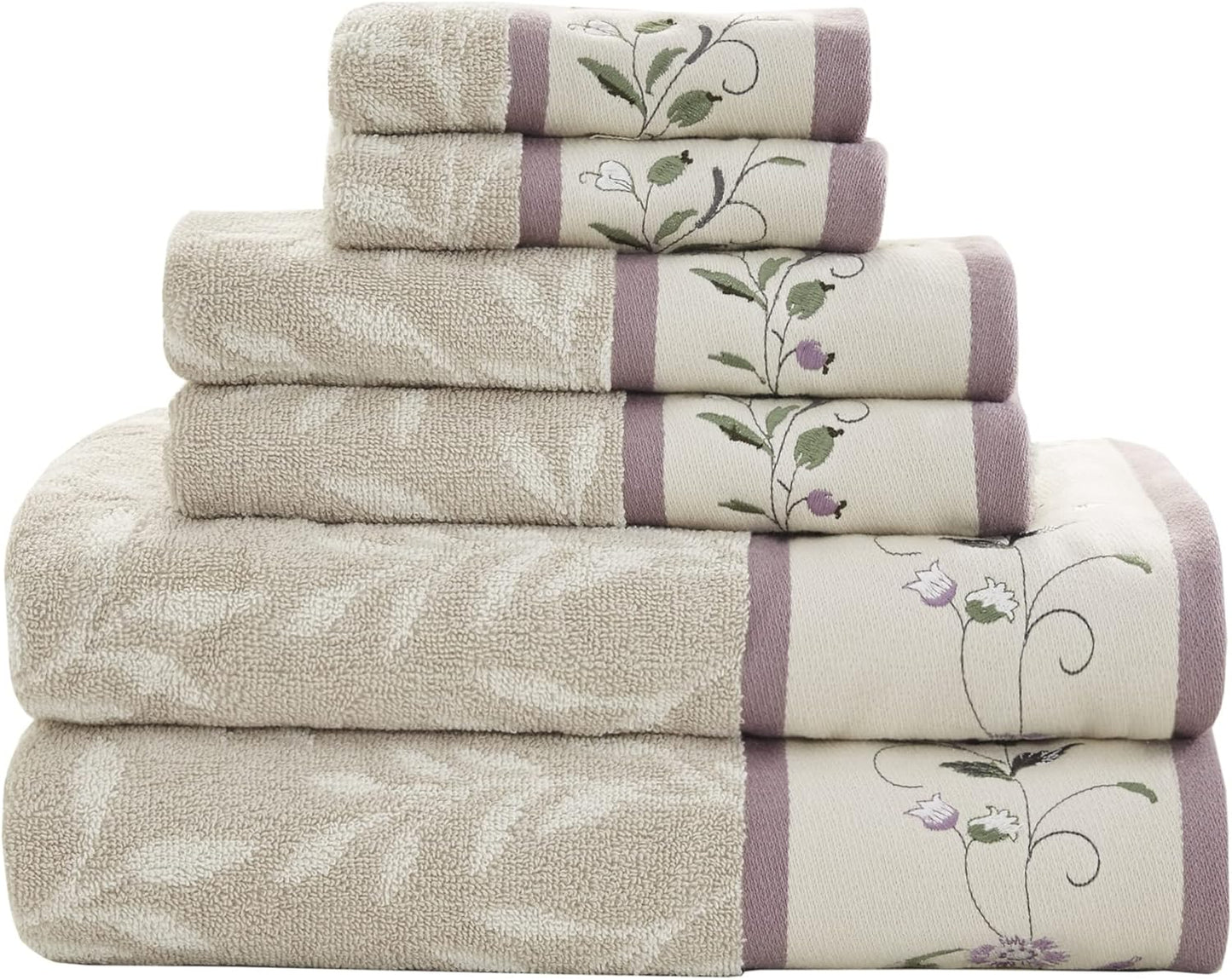 6-Piece Luxurious Floral Cotton Bath Towel Set with Embroidered Jacquard Design