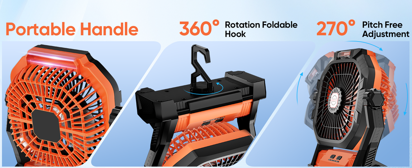 Rechargeable Camping Fan with LED Light & Hook - 20000mAh Battery, 4-Speed, 270° Adjustable