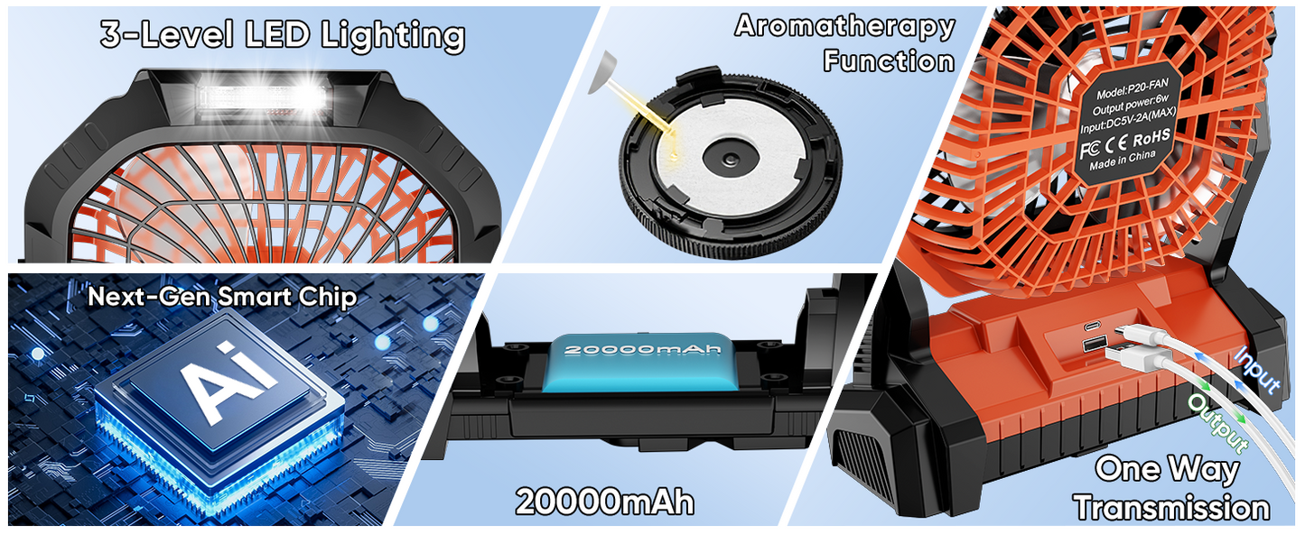 Rechargeable Camping Fan with LED Light & Hook - 20000mAh Battery, 4-Speed, 270° Adjustable