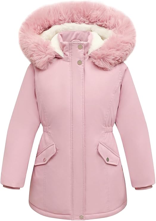 Girls’ Waterproof Winter Long Coat – Warm Hooded Puffer Parka (Pink, Size 7–8)