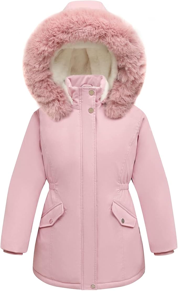 Girls’ Waterproof Winter Long Coat – Warm Hooded Puffer Parka (Pink, Size 7–8)