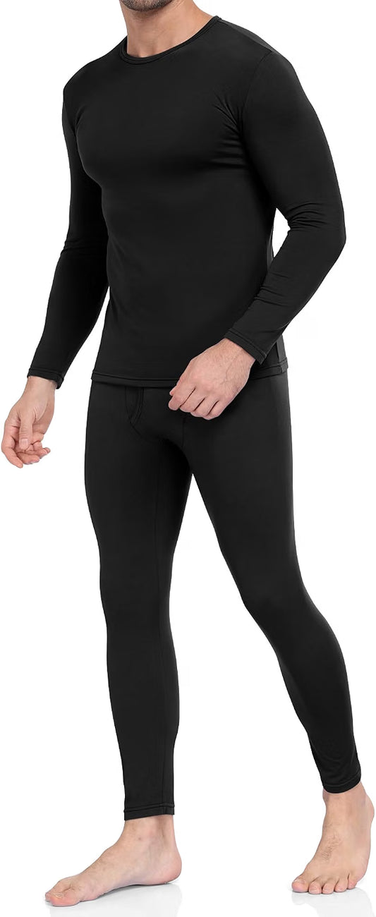 Men’s Thermal Underwear Set – Fleece-Lined Long Johns for Winter & Cold Weather, Black Large