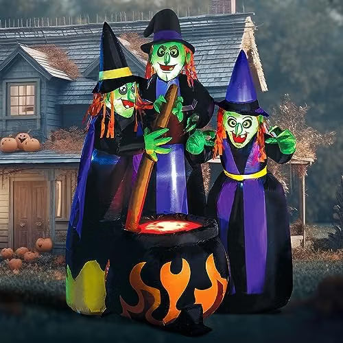 6 FT Halloween Inflatable Witches & Cauldron – Flame Light LED Blow-Up Decoration for Indoor & Outdoor Yard, Lawn & Party Décor