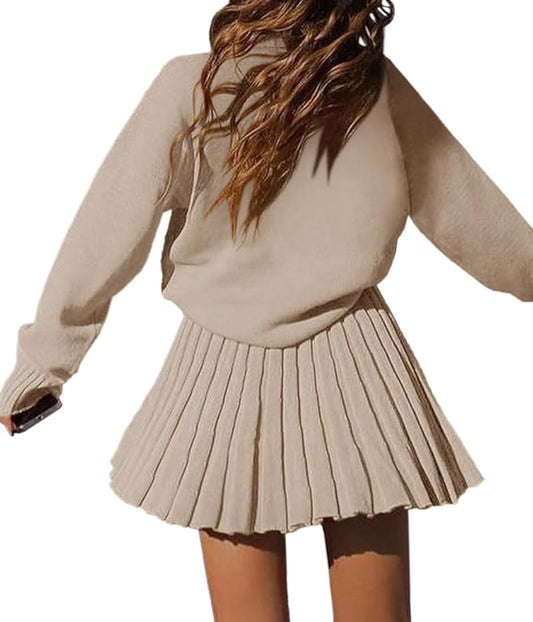 Women’s 2-Piece Sweater Set – Turtleneck Oversized Pullover & Pleated Mini Skirt