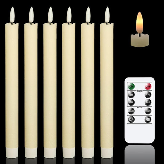 Pack of 6 Flameless Ivory Taper Candles with 10-Key Remote