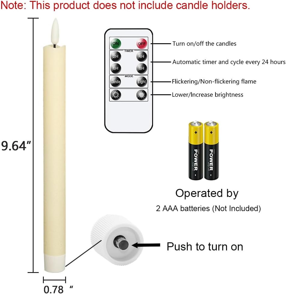 Pack of 6 Flameless Ivory Taper Candles with 10-Key Remote