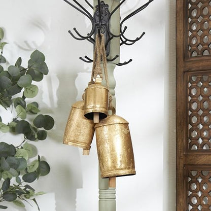 Set of 3 Gold Metal Tibetan-Style Giant Cow Bells with Jute Rope