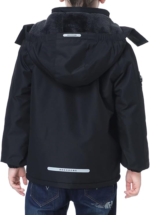 Kids’ Waterproof Ski Jacket (Black) – Fleece-Lined Winter Coat with Detachable Hood