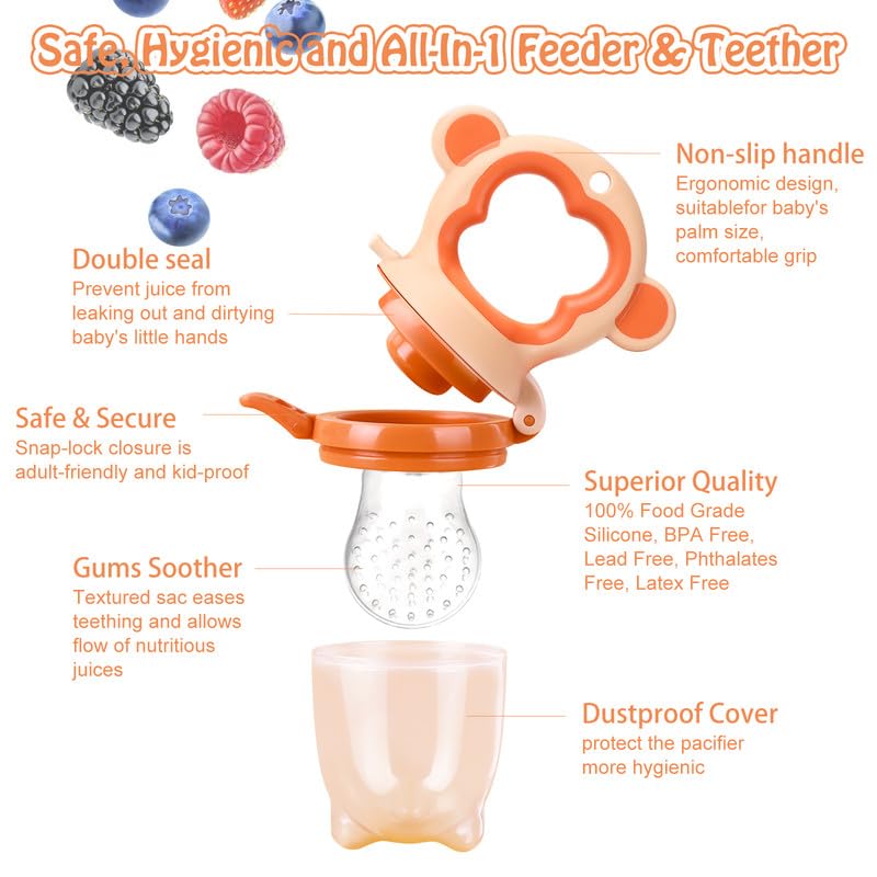 Baby Fresh Fruit Feeder Pacifier – 2-Pack Freezable Teething Toy with Silicone Pouches (Monkey, Orange & Blue)