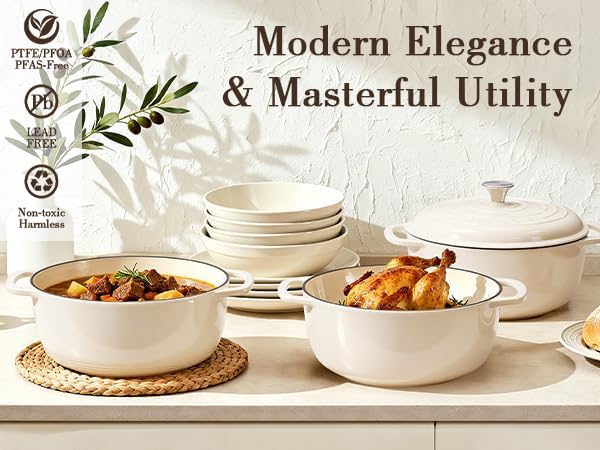 6QT Enameled Cast Iron Dutch Oven – Heavy-Duty Pot with Lid (Cream White)