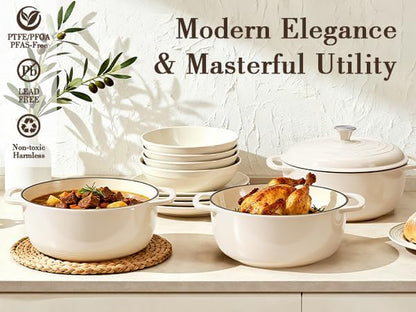 6QT Enameled Cast Iron Dutch Oven – Heavy-Duty Pot with Lid (Cream White)