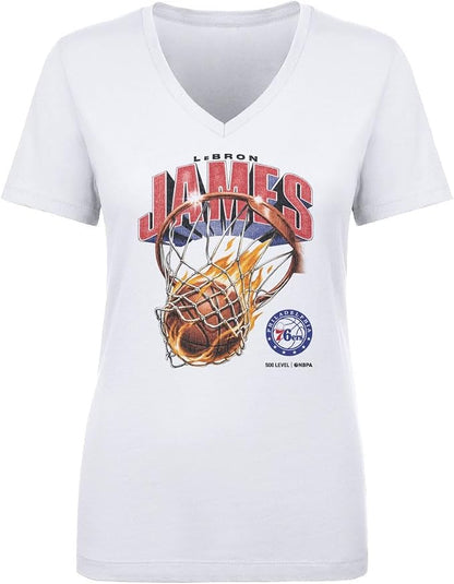 LeBron James Philadelphia 76ers On Fire Women's V-Neck T-Shirt – Basketball Fan Graphic Tee in White & Gray, Sizes S–2XL