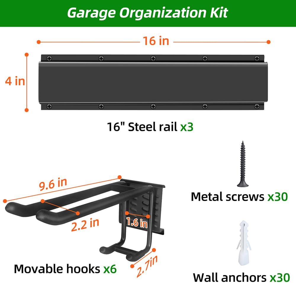 48" Garage Tool Organizer Wall Mount – Heavy-Duty Rail Rack with 6 Double-Layer Hooks for Yard Tools & Shovels
